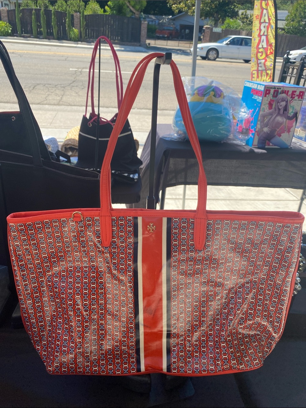 Tory Burch Red Patterned Tote with Center Stripe